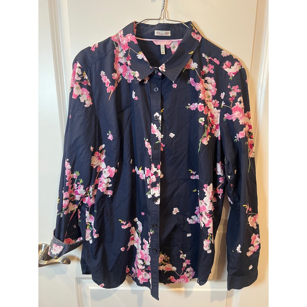 Joules Womens Button Down Shirt Floral Cherry Blossom Navy Blue Size 12